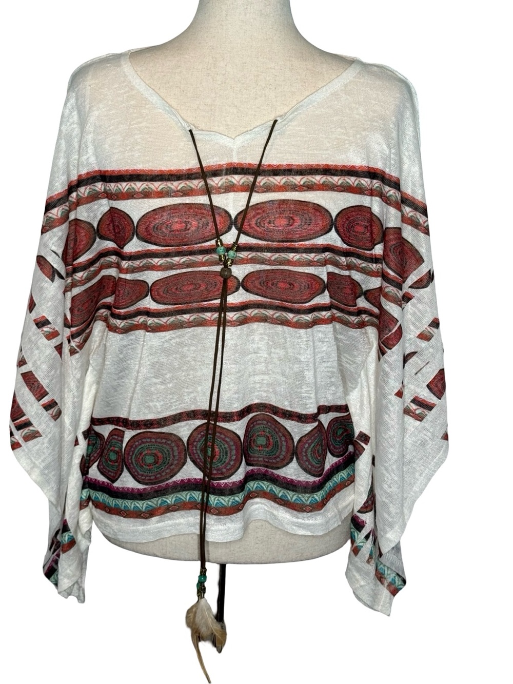 Boho Western Stripe Tunic Top in Ivory and Rust SZ OS